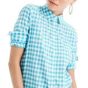 J Crew Classic Fit Boy Shirt Women's 6 Turquoise Gingham Preppy Coastal Cotton